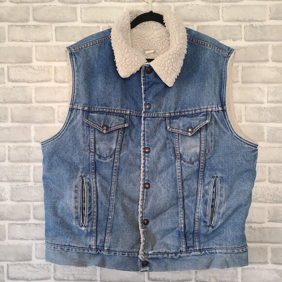Vintage DeFossi Denim Vest Jean Sherpa Lined Men’s XL Distressed Workwear Grunge - Picture 1 of 7